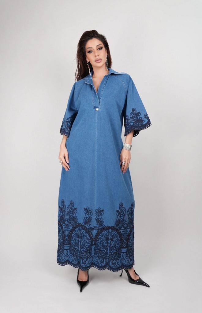EMBROIDERED DENIM MAXI DRESS