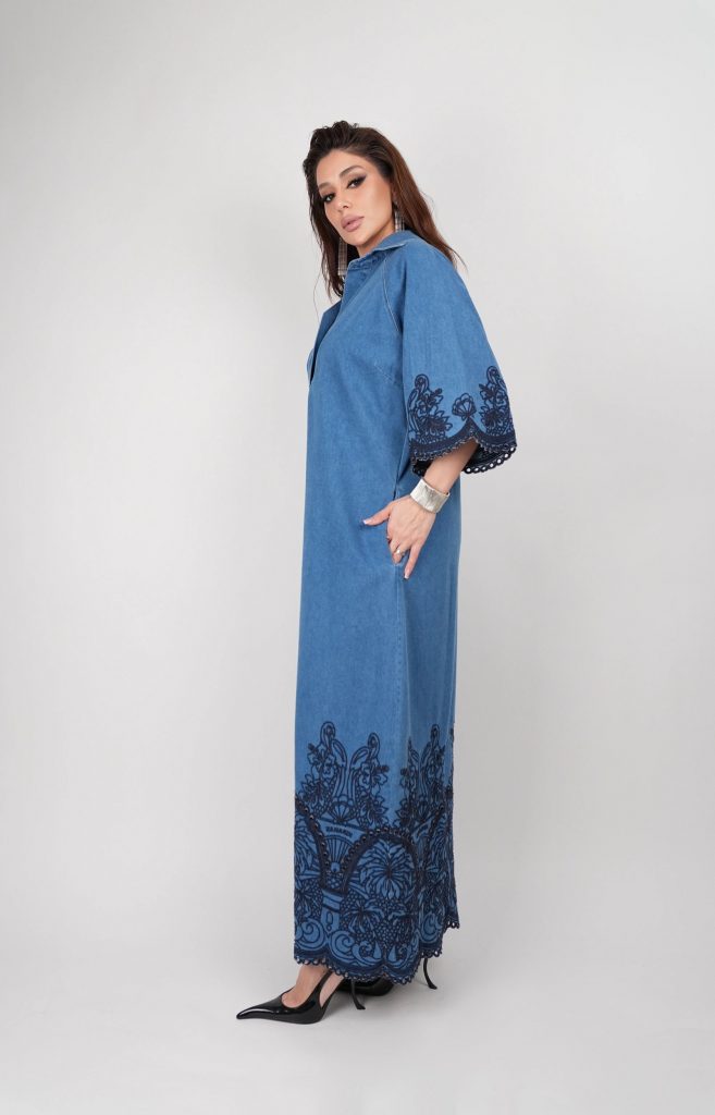 EMBROIDERED DENIM MAXI DRESS
