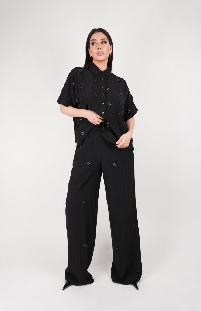 EMBELLISHED PINSTRIPE SHIRT SET