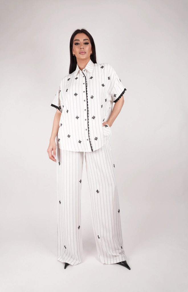 EMBELLISHED PINSTRIPE SHIRT SET