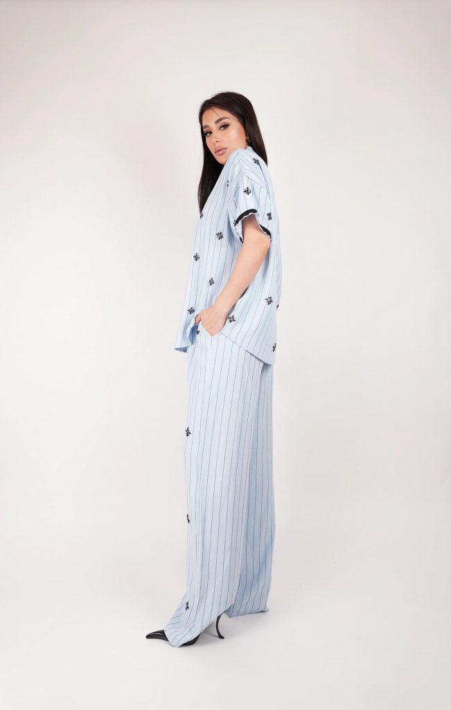 EMBELLISHED PINSTRIPE SHIRT SET
