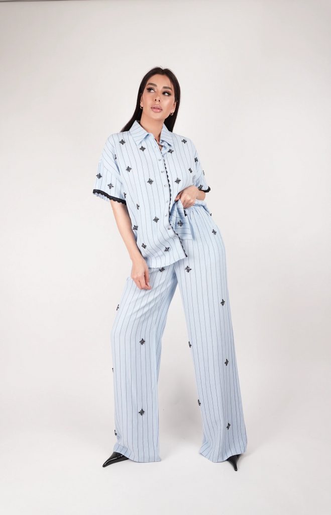 EMBELLISHED PINSTRIPE SHIRT SET