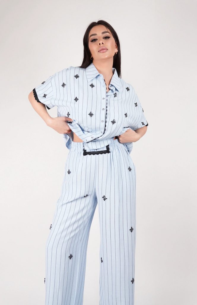 EMBELLISHED PINSTRIPE SHIRT SET
