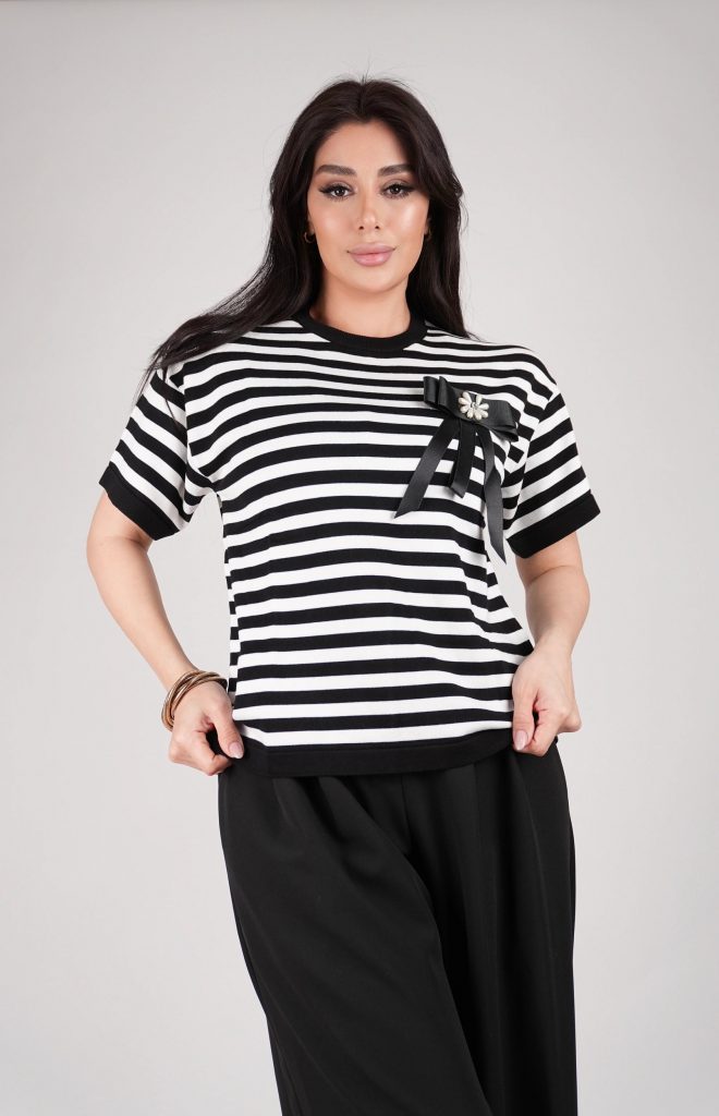 BOW-DETAIL STRIPED KNIT TOP