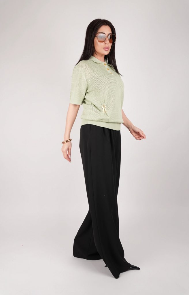 GOLD-BUTTON OPEN-KNIT POLO TOP