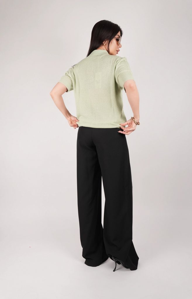 GOLD-BUTTON OPEN-KNIT POLO TOP