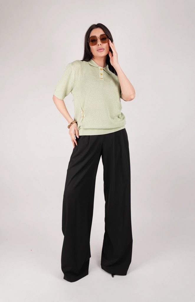 GOLD-BUTTON OPEN-KNIT POLO TOP