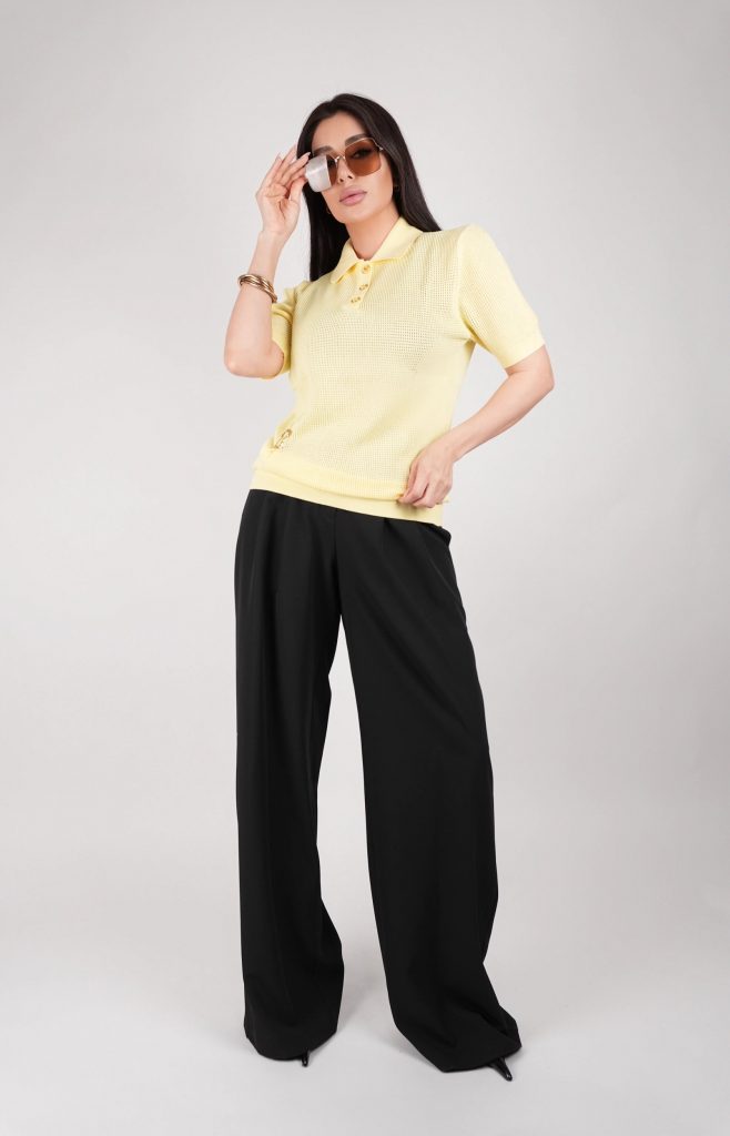 GOLD-BUTTON OPEN-KNIT POLO TOP