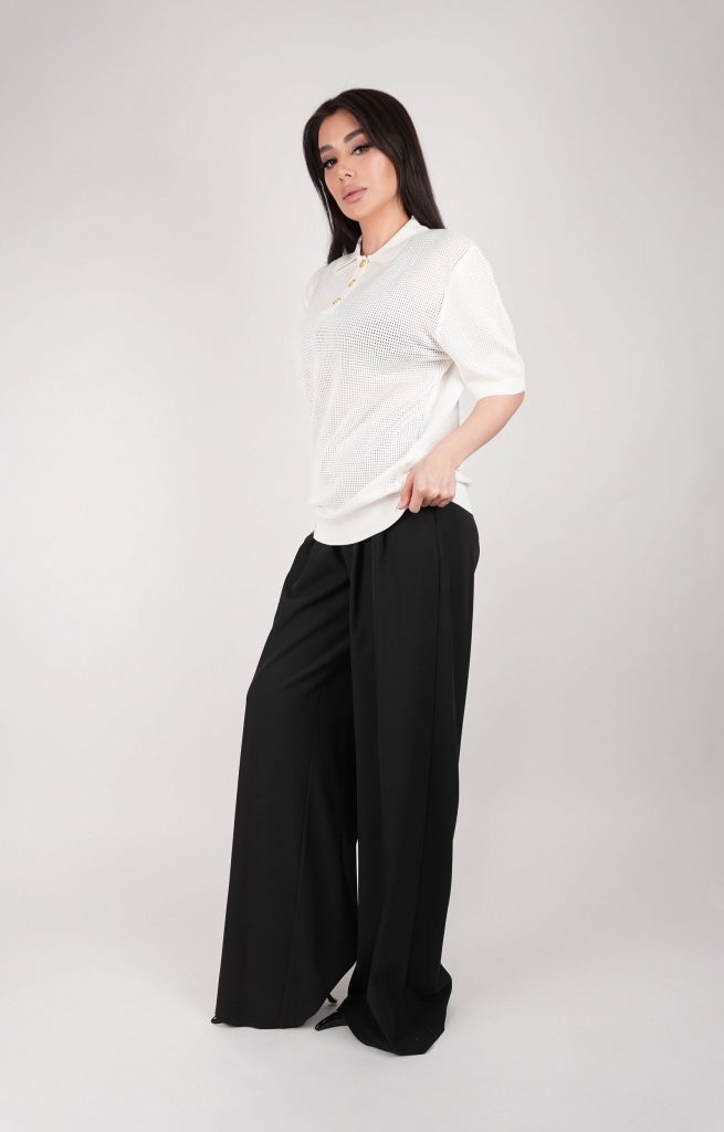 GOLD-BUTTON OPEN-KNIT POLO TOP