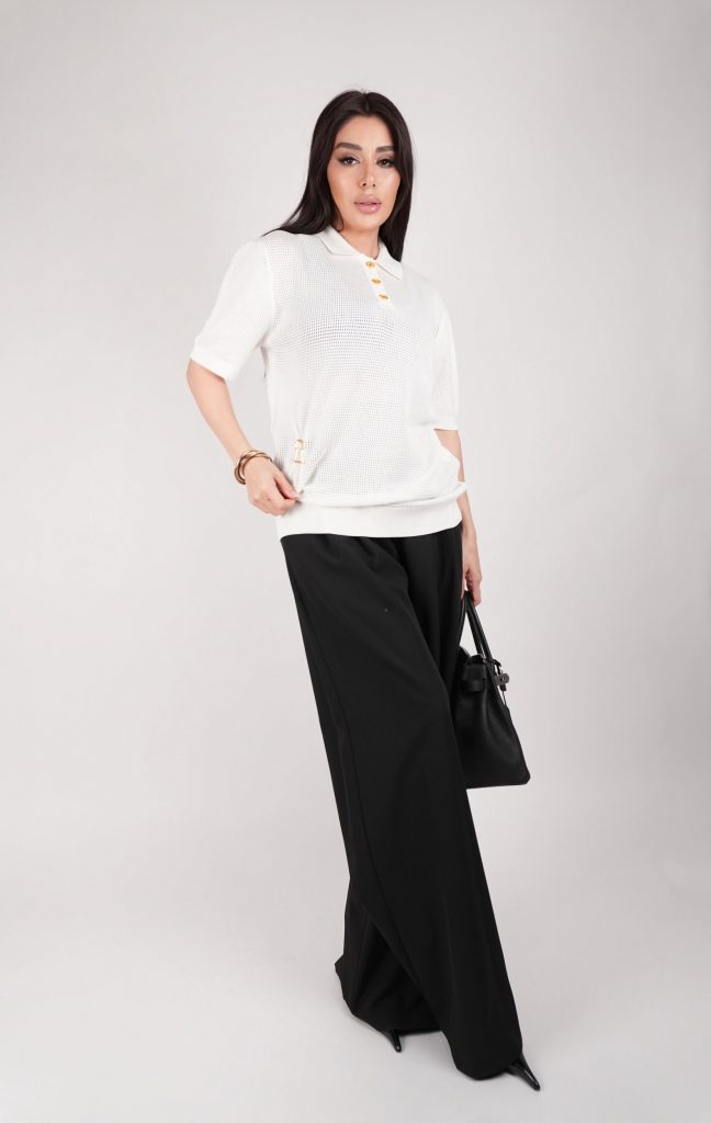 GOLD-BUTTON OPEN-KNIT POLO TOP