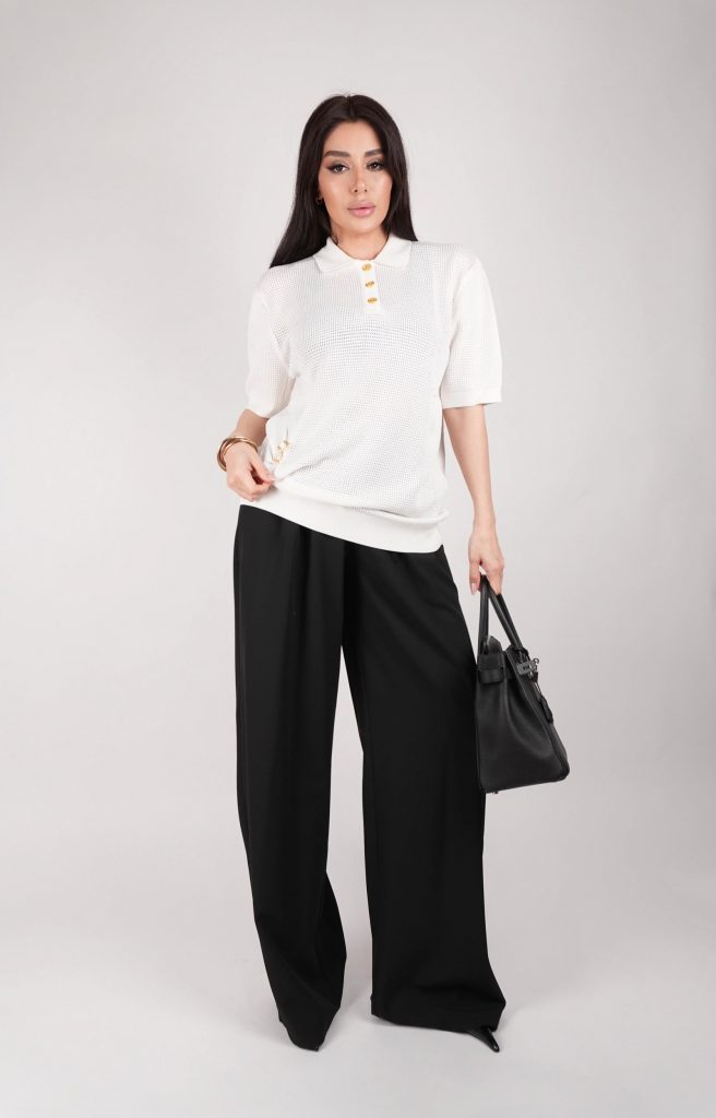 GOLD-BUTTON OPEN-KNIT POLO TOP
