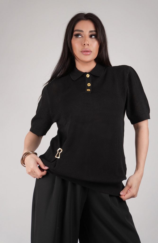 GOLD-BUTTON OPEN-KNIT POLO TOP