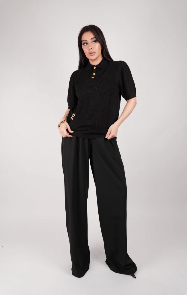GOLD-BUTTON OPEN-KNIT POLO TOP