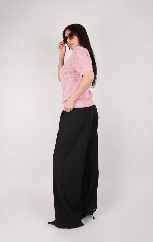 GOLD-BUTTON OPEN-KNIT POLO TOP