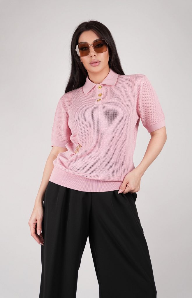 GOLD-BUTTON OPEN-KNIT POLO TOP