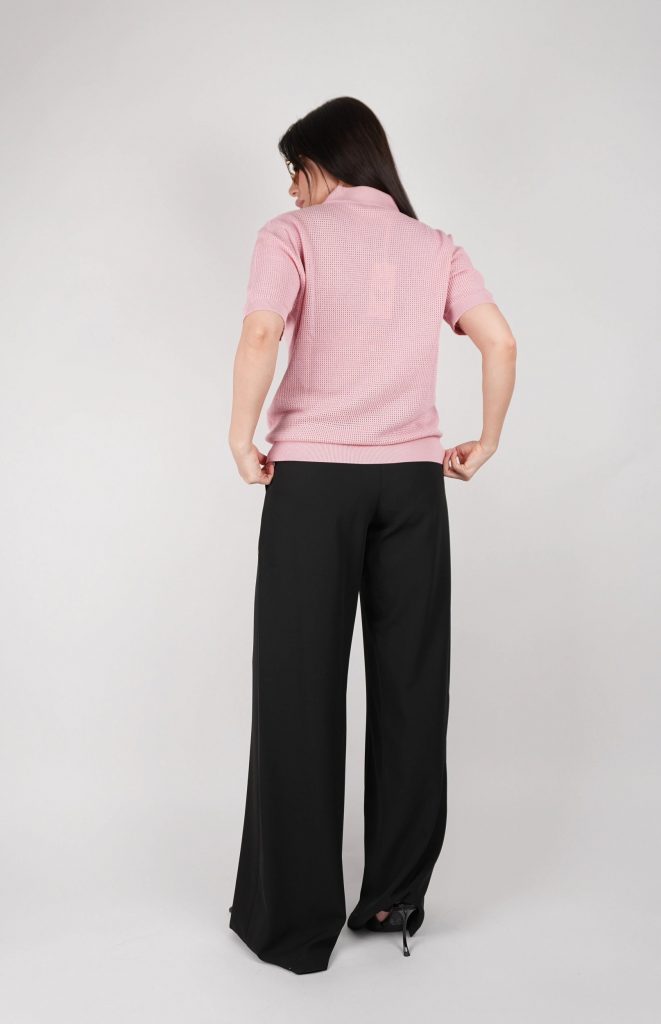 GOLD-BUTTON OPEN-KNIT POLO TOP