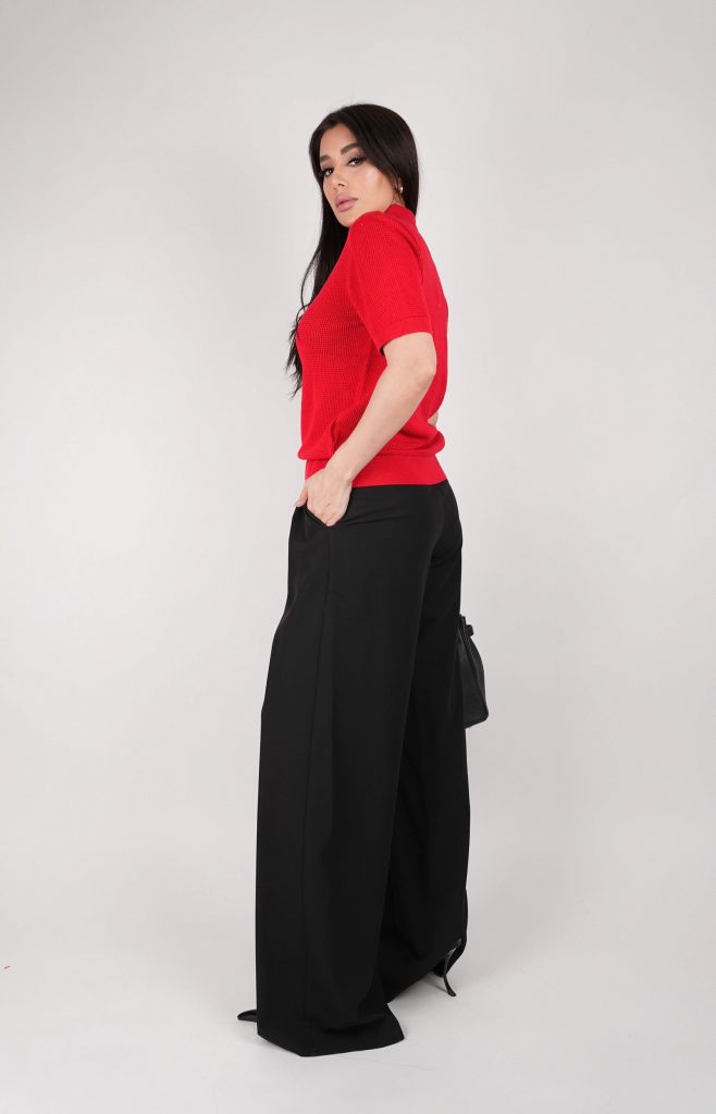 GOLD-BUTTON OPEN-KNIT POLO TOP