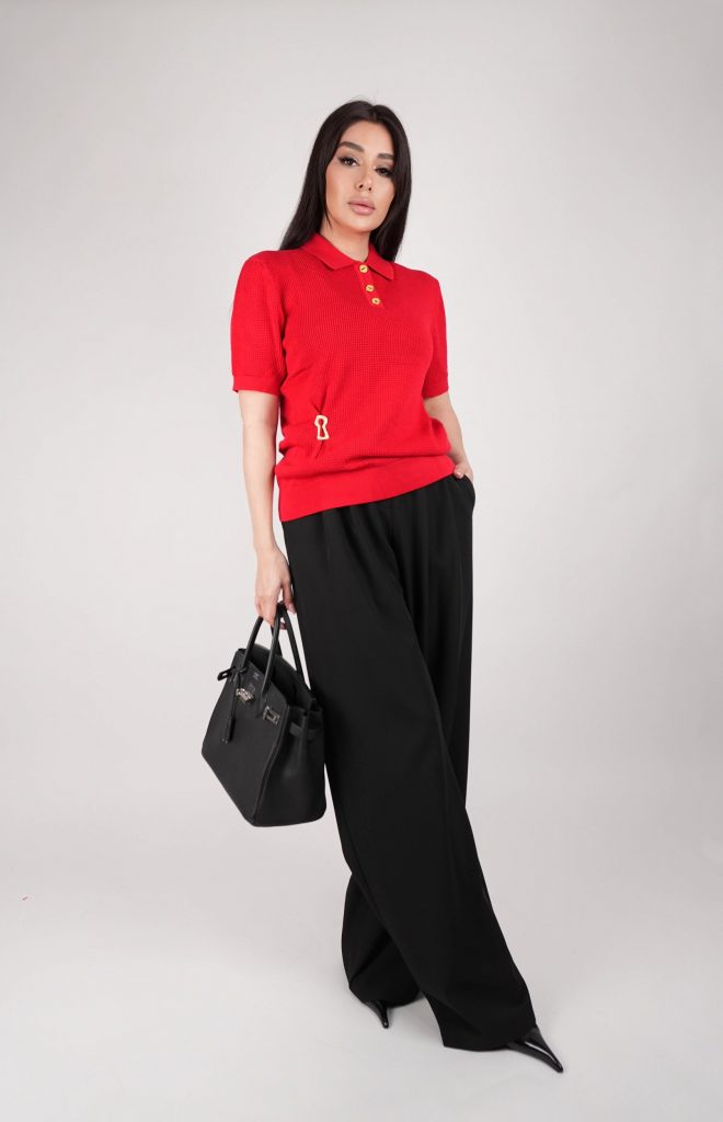 GOLD-BUTTON OPEN-KNIT POLO TOP