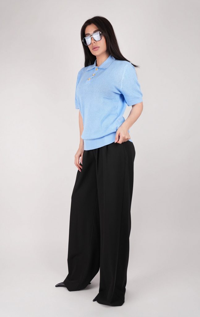 GOLD-BUTTON OPEN-KNIT POLO TOP