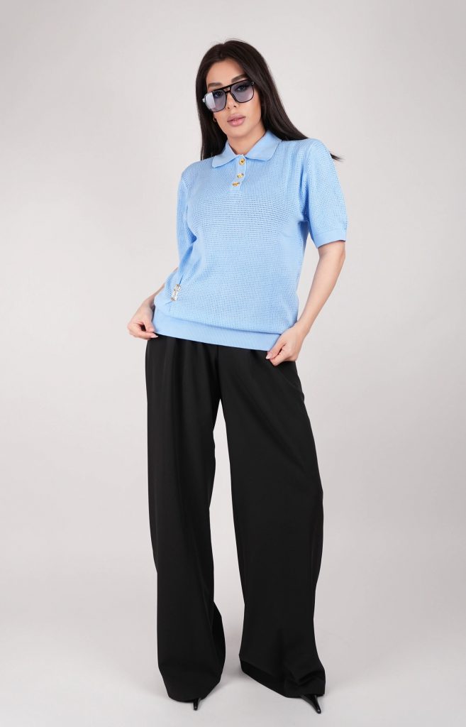 GOLD-BUTTON OPEN-KNIT POLO TOP
