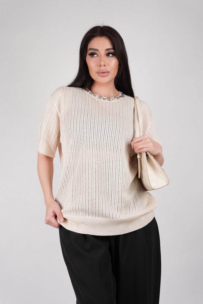 RHINESTONE-NECK OPEN-KNIT TOP