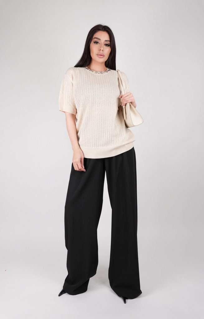 RHINESTONE-NECK OPEN-KNIT TOP