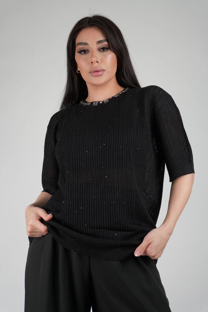 RHINESTONE-NECK OPEN-KNIT TOP