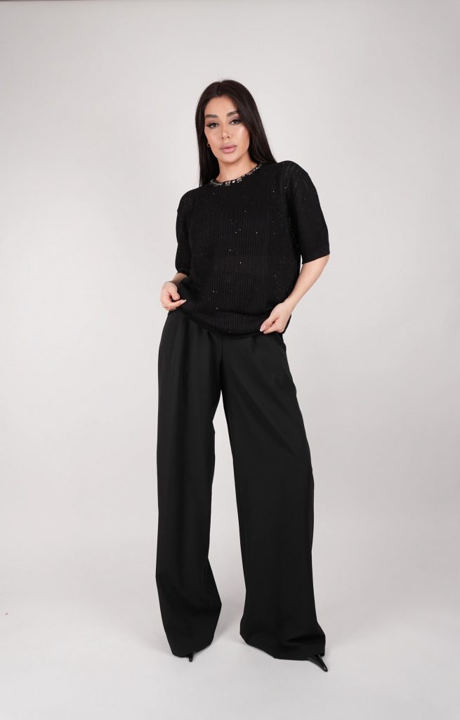 RHINESTONE-NECK OPEN-KNIT TOP