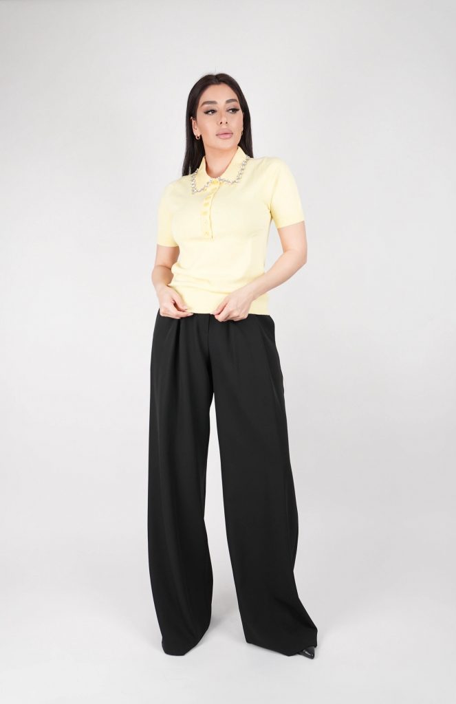 RHINESTONE-COLLAR KNIT POLO TOP