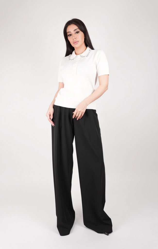 RHINESTONE-COLLAR KNIT POLO TOP