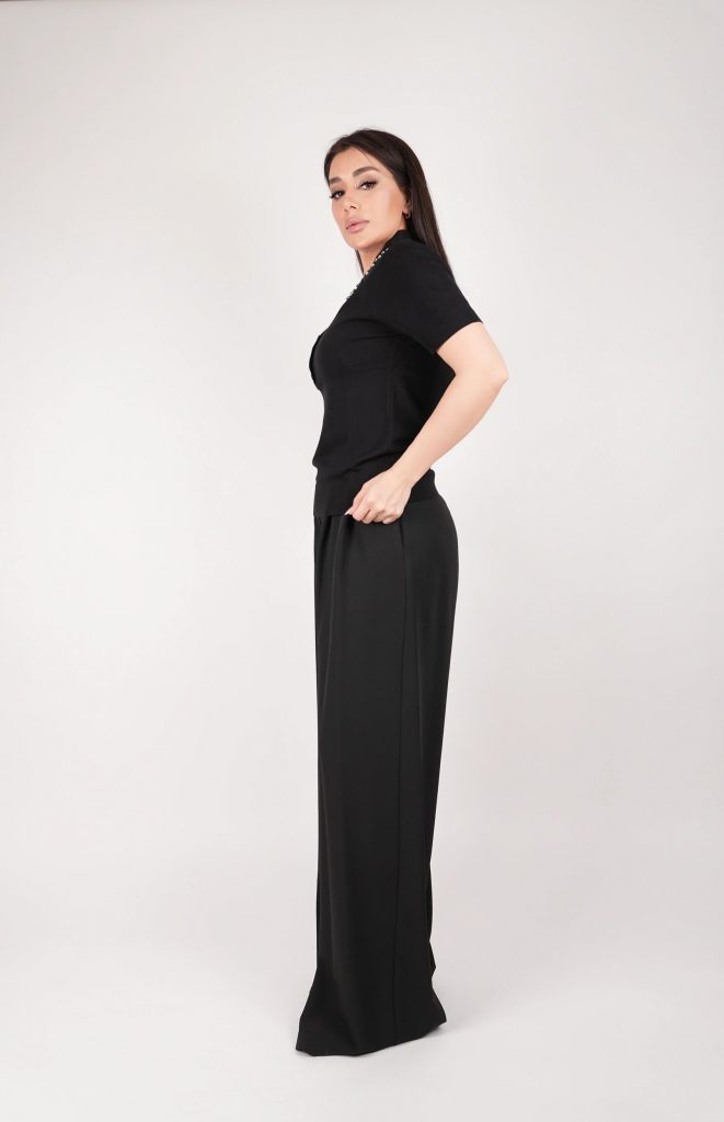 RHINESTONE-COLLAR KNIT POLO TOP