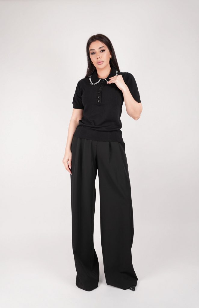RHINESTONE-COLLAR KNIT POLO TOP