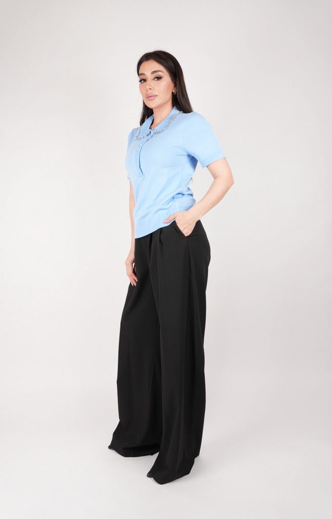 RHINESTONE-COLLAR KNIT POLO TOP