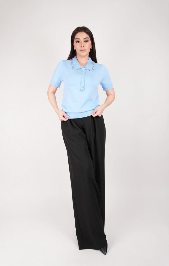 RHINESTONE-COLLAR KNIT POLO TOP