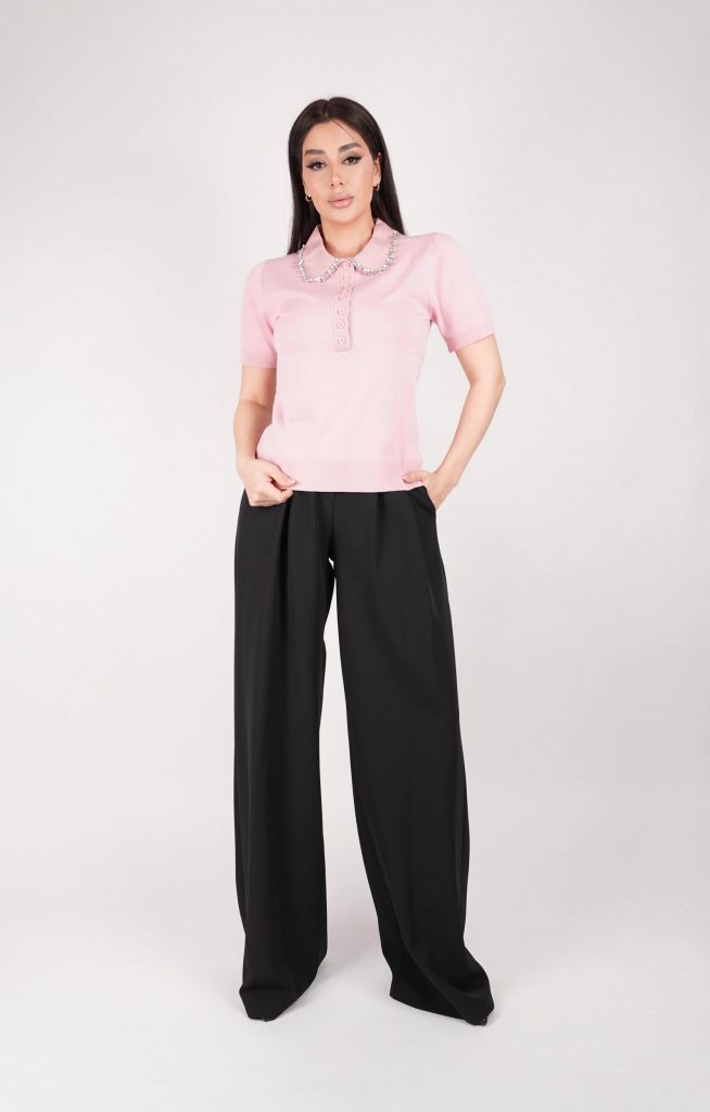 RHINESTONE-COLLAR KNIT POLO TOP