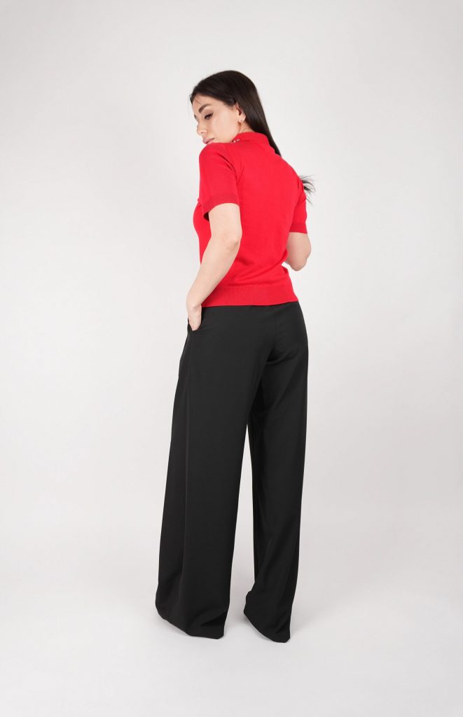 RHINESTONE-COLLAR KNIT POLO TOP