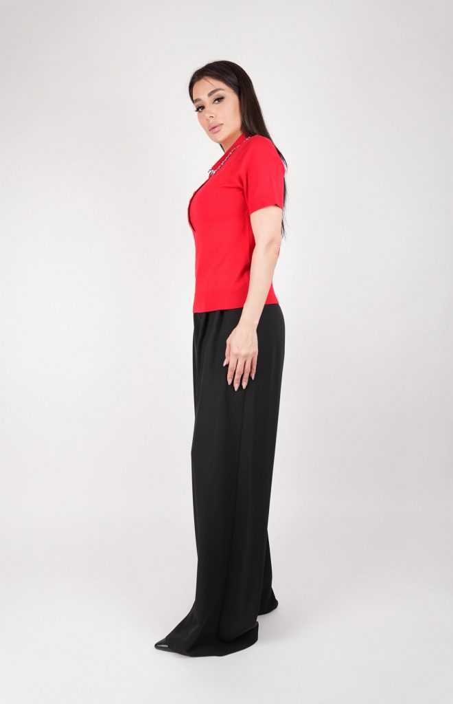 RHINESTONE-COLLAR KNIT POLO TOP