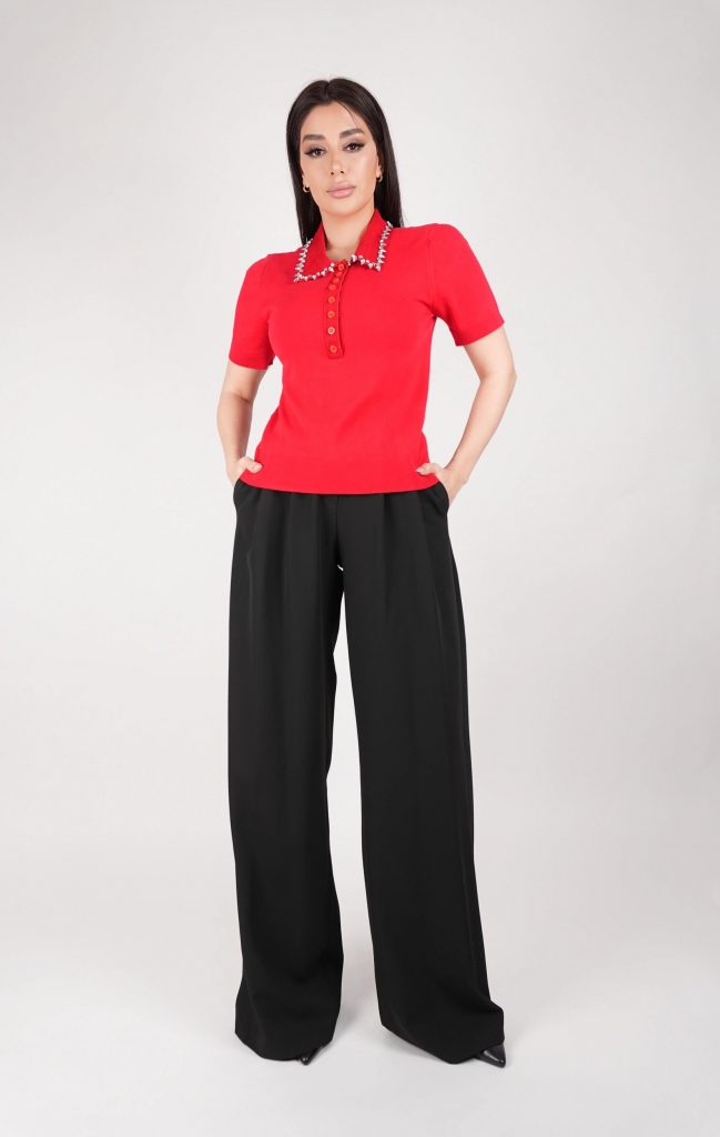 RHINESTONE-COLLAR KNIT POLO TOP