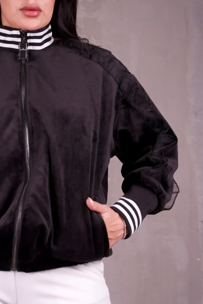 SHEER-RUFFLE VELOUR BOMBER - Black, Photo 2