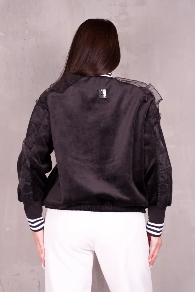 SHEER-RUFFLE VELOUR BOMBER - Black, Photo 3