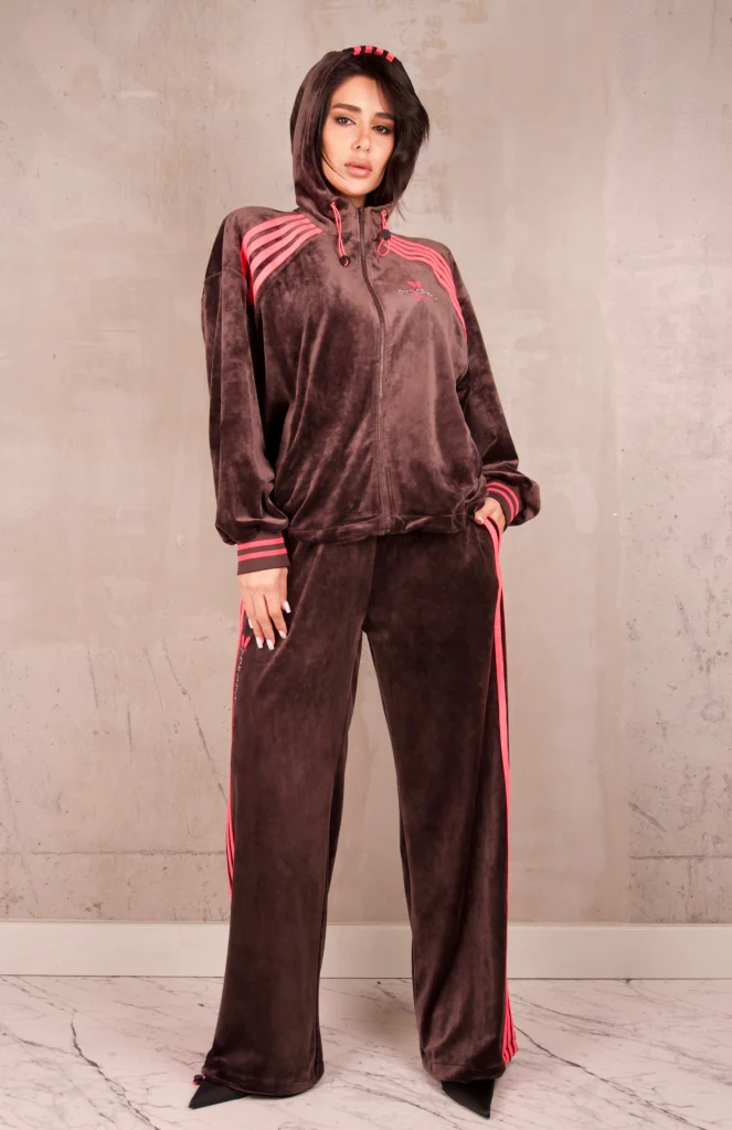 CONTRAST-STRIPE HOODED VELOUR SET - Brown, Photo 1