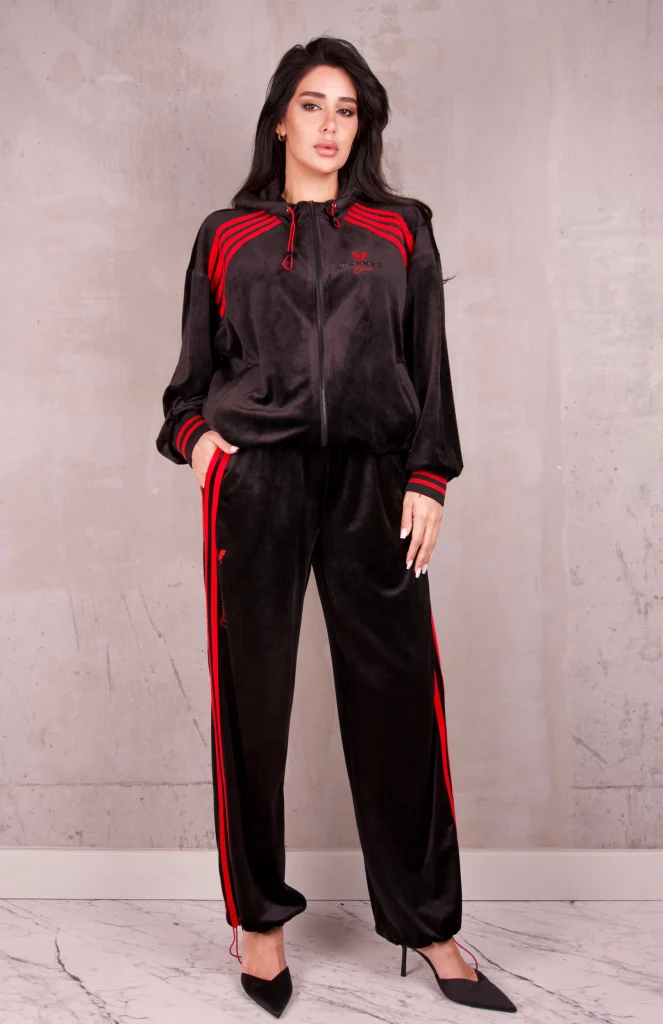 CONTRAST-STRIPE HOODED VELOUR SET - Black, Photo 1