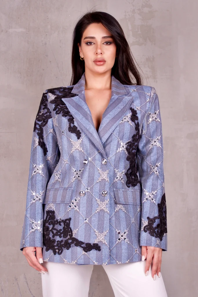 LACE-APPLIQUE LATTICE-PRINT BLAZER - Blue, Photo 1