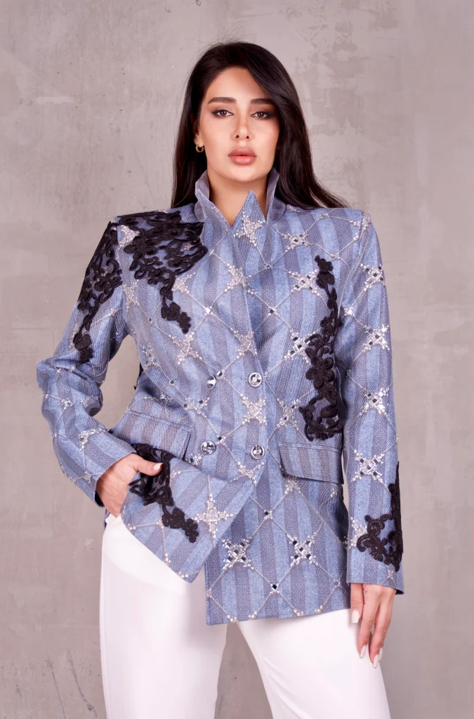LACE-APPLIQUE LATTICE-PRINT BLAZER - Blue, Photo 2