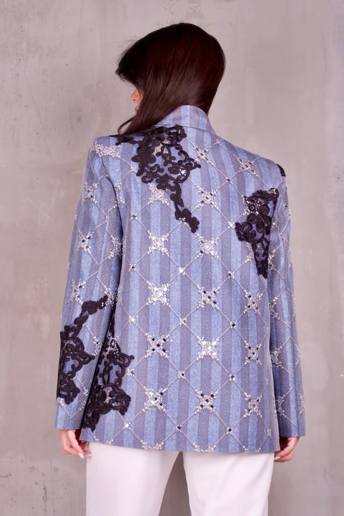 LACE-APPLIQUE LATTICE-PRINT BLAZER - Blue, Photo 3