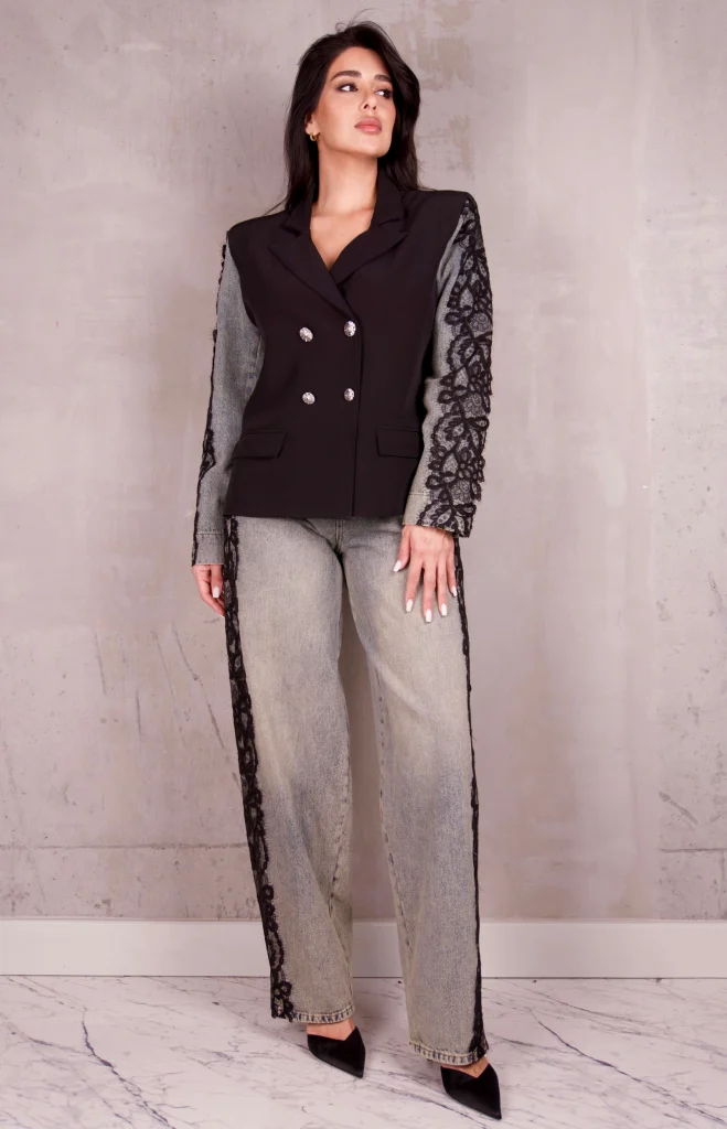 LACE-SLEEVE BLAZER AND JEANS SET - Black, Photo 1