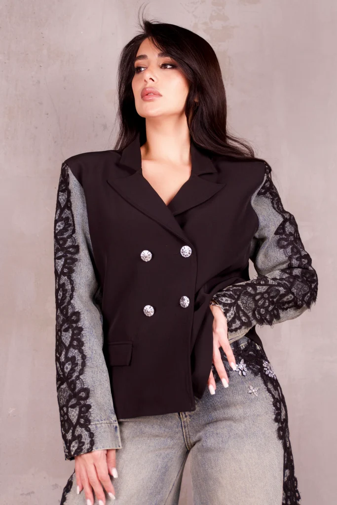 LACE-SLEEVE BLAZER AND JEANS SET - Black, Photo 2
