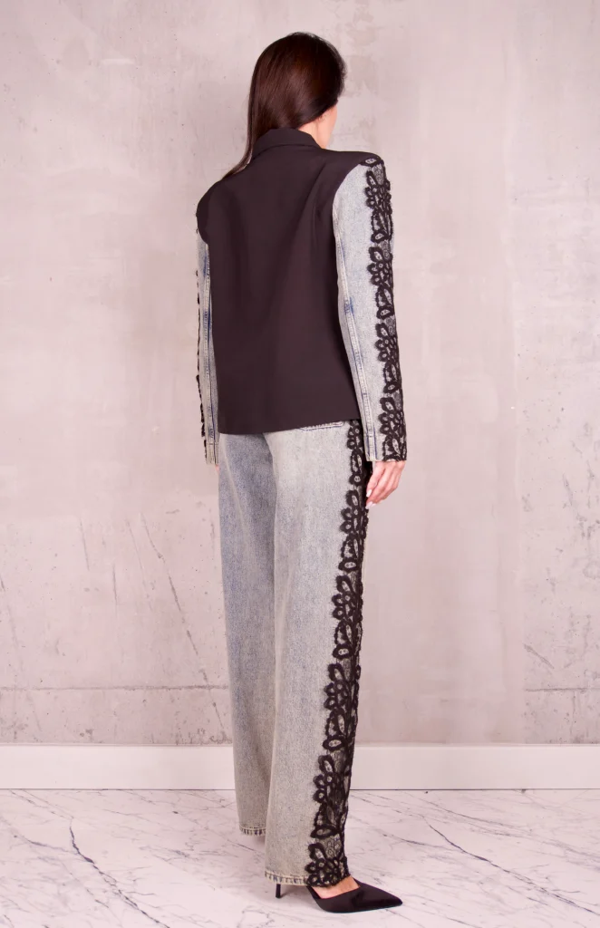 LACE-SLEEVE BLAZER AND JEANS SET - Black, Photo 4