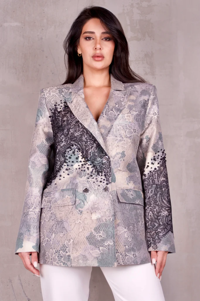 PEARL-BEADED LACE-PRINT BLAZER - Mink, Photo 1