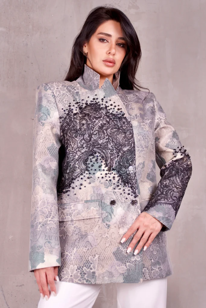 PEARL-BEADED LACE-PRINT BLAZER - Mink, Photo 2